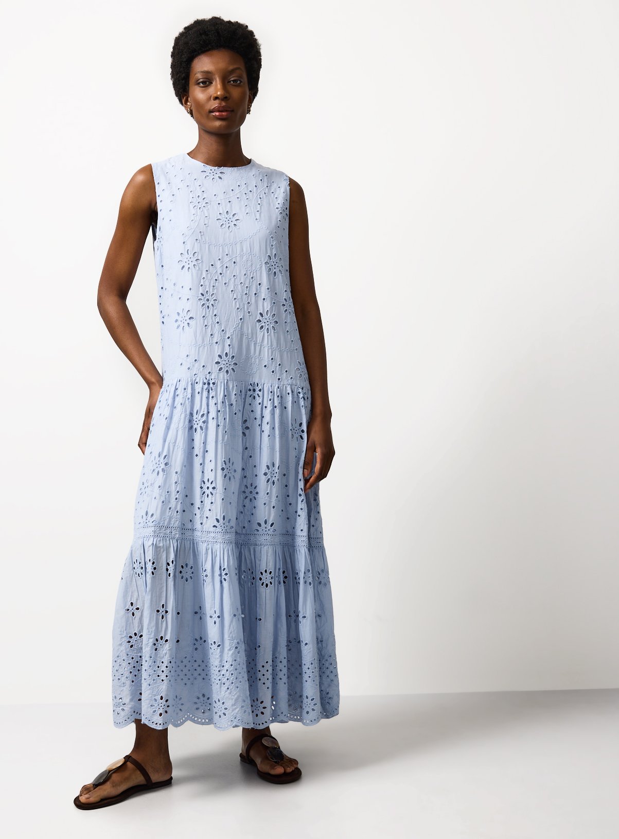 Light Blue Broderie Detail Sleeveless Smock Dress 14 - Image 2 thumbnail